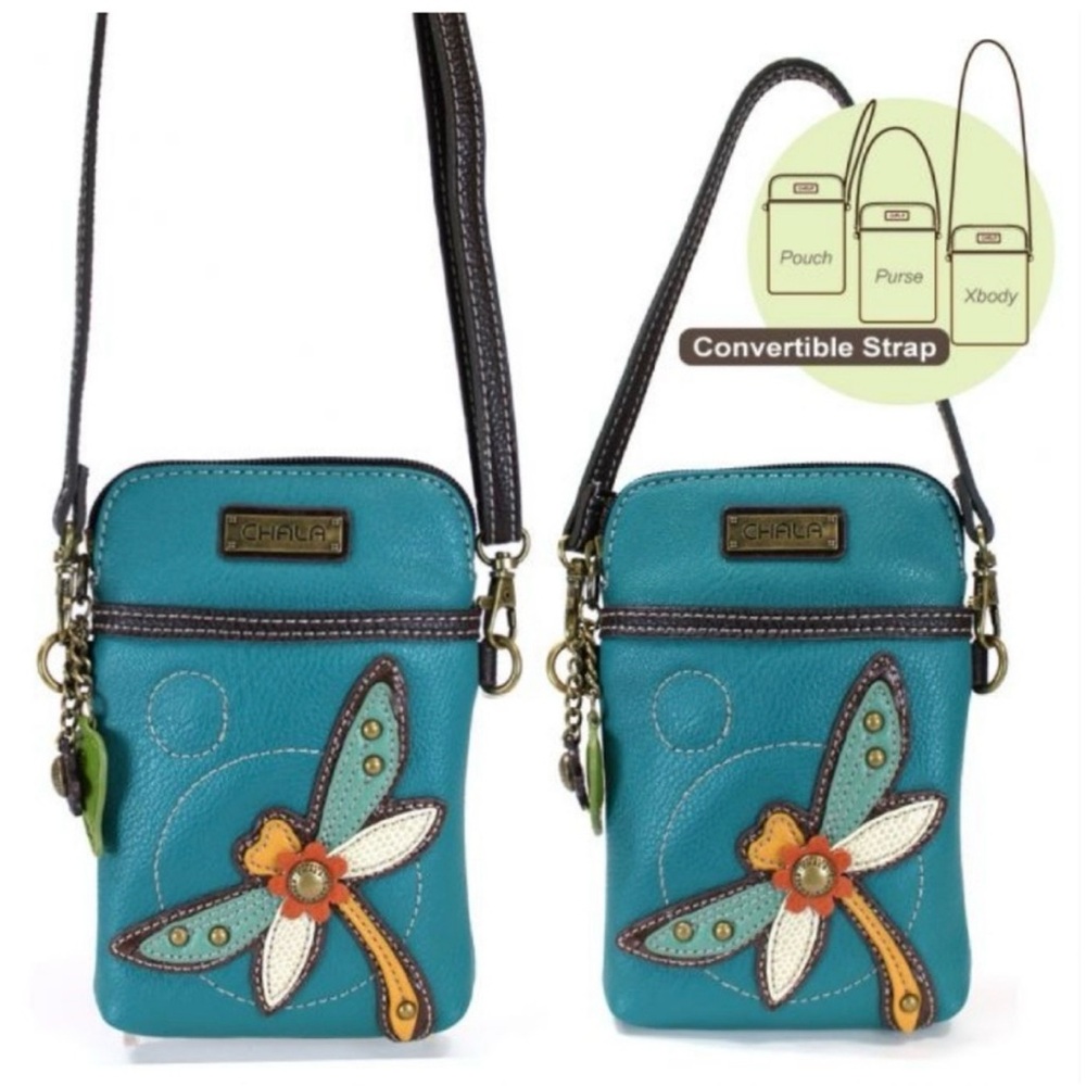 Chala Dragonfly Convertible Pouch, Purse, Crossbody Bag with Charms, Teal, Brown - Picture 4 of 17